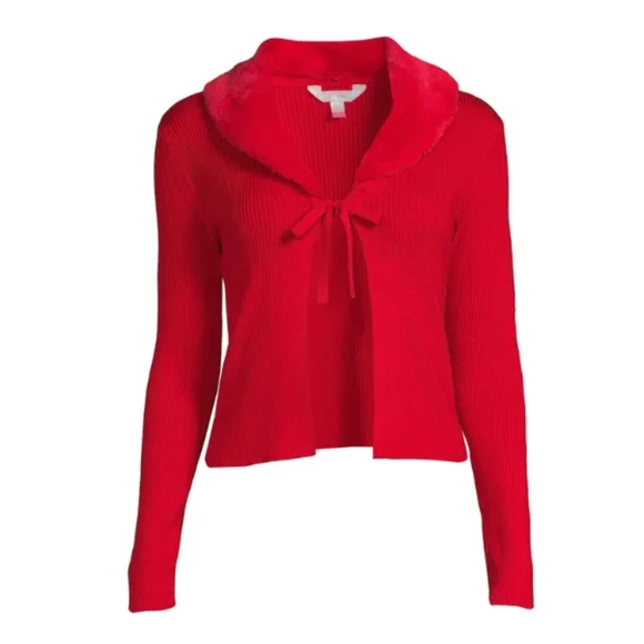 🎀Red Faux Fur Open Tie Front Cardigan NWT - Picture 2 of 8